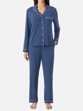 Women's Two-Piece Navy Pajama Set with White Piping